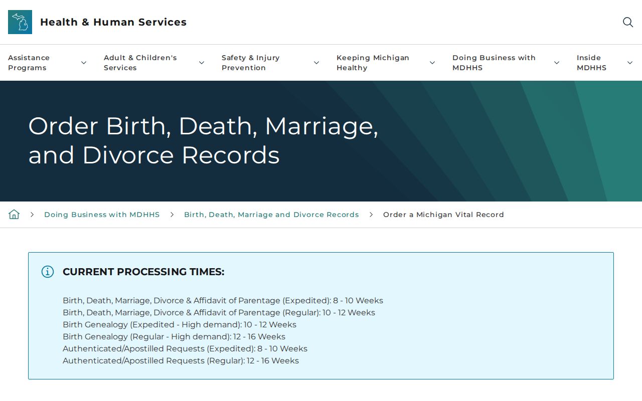 Michigan vital records ordering page
