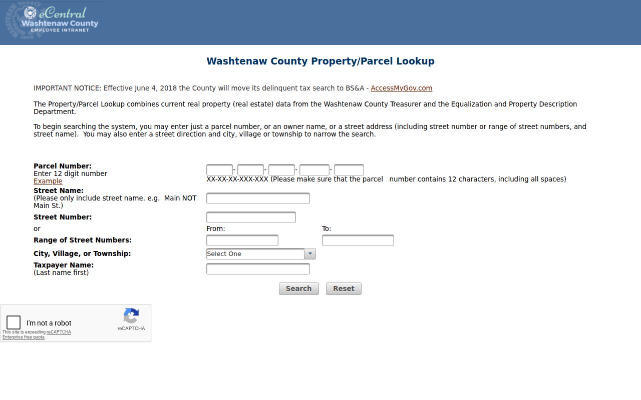Washtenaw County parcel lookup search form