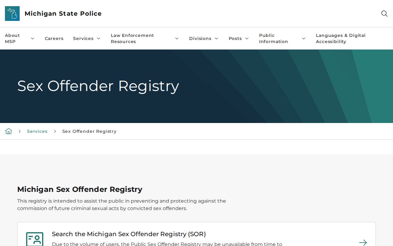 Michigan public sex-offender registry search page