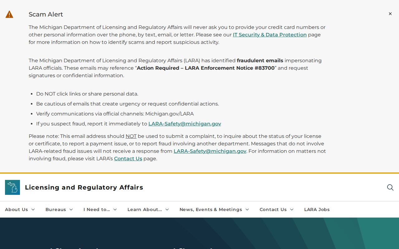 Michigan LARA professional license search page