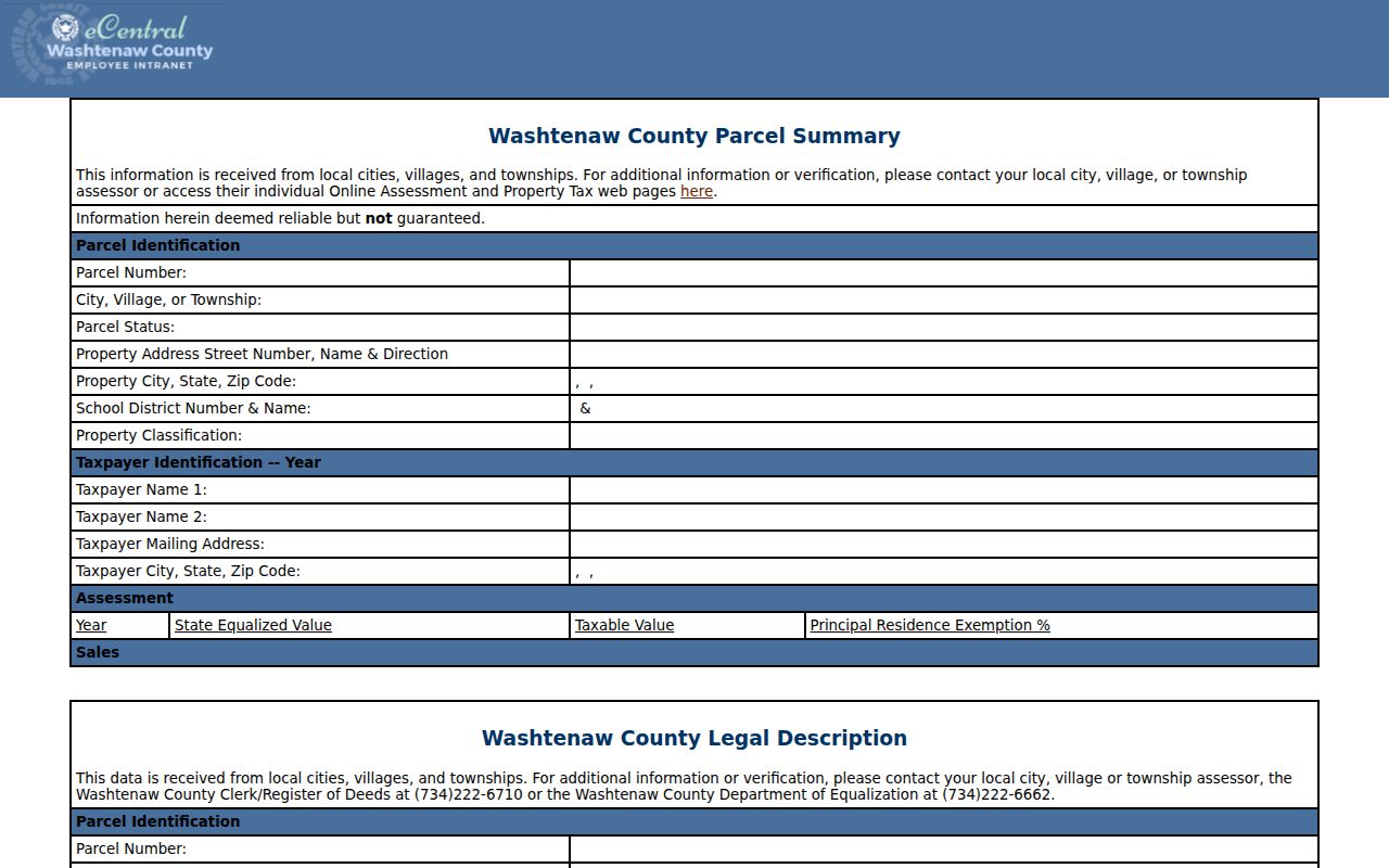 Ann Arbor street directory Washtenaw parcel summary report